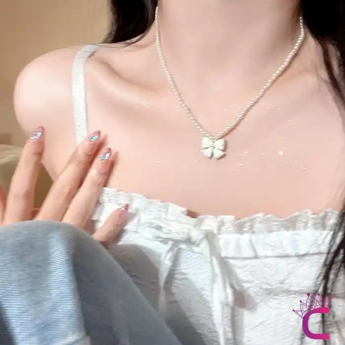 Zarif Mini İncili Zirkon Taşlı Kelebekli Kadın Kolye - Hediyelik Gerdanlık Kolye