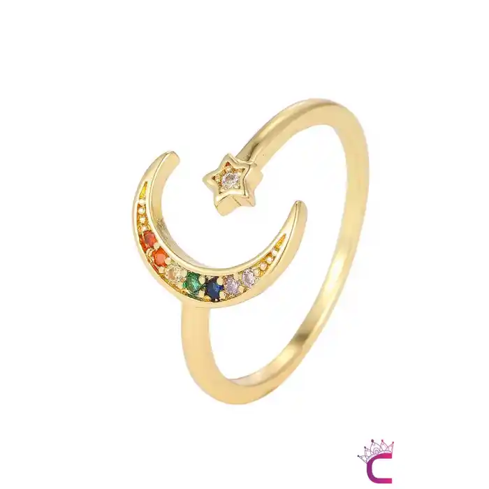 Zarif Minimal Kadın 18k Altın Kaplama Renkli Taşlı Ay Yıldızlı Yüzük - Ayarlanabilir Çelik Yüzük
