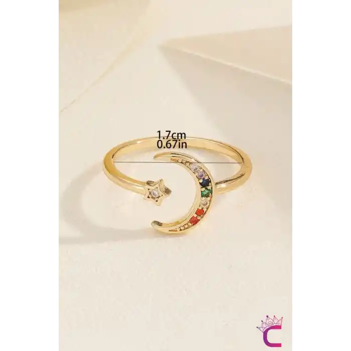 Zarif Minimal Kadın 18k Altın Kaplama Renkli Taşlı Ay Yıldızlı Yüzük - Ayarlanabilir Çelik Yüzük