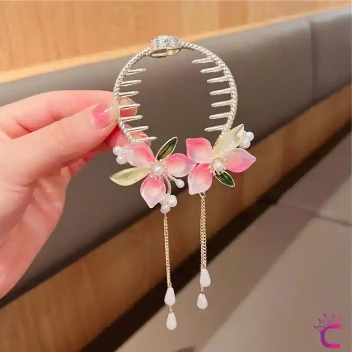 Zarif Pembe Yeşil Çiçekli İncili Taşlı Kadın Sallantılı Yaylı Saç Topuz Tokası Metal Gold