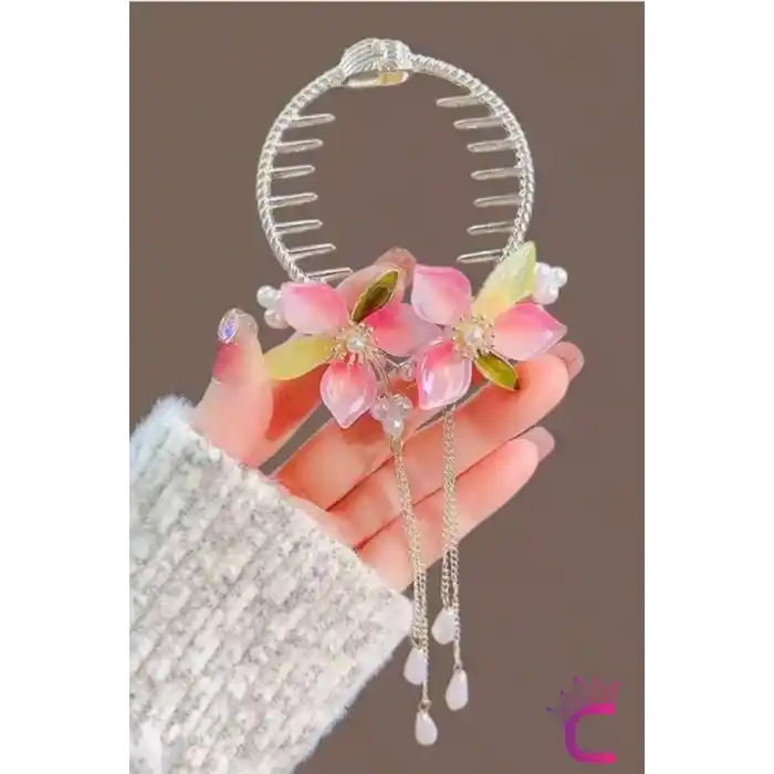 Zarif Pembe Yeşil Çiçekli İncili Taşlı Kadın Sallantılı Yaylı Saç Topuz Tokası Metal Gold