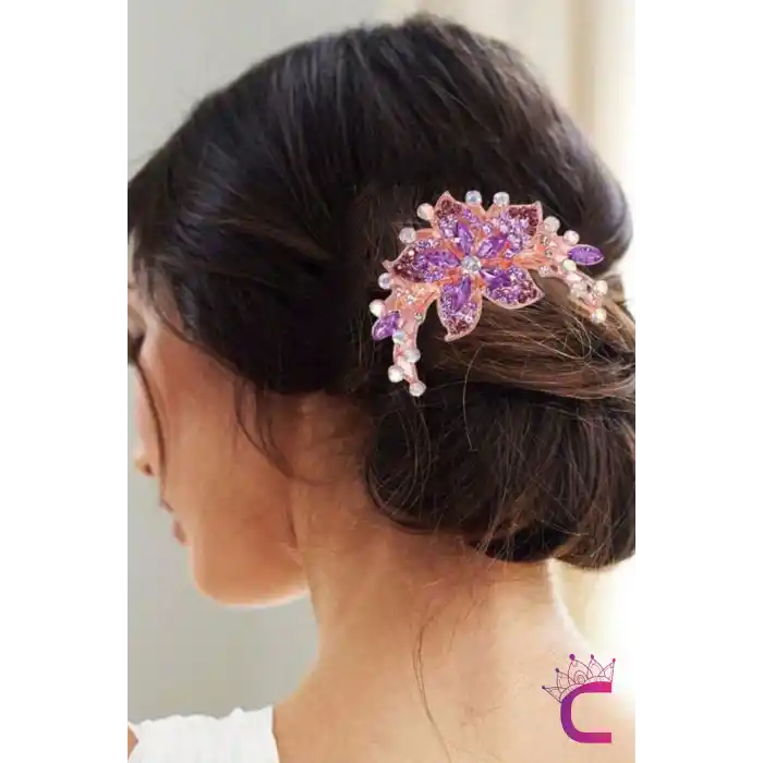 Zarif Rhine-Stone Kristal Taşlı Taraklı Saç Topuz Tokası Mor - Gelin Nedime Saç Aksesuar Tarak Toka