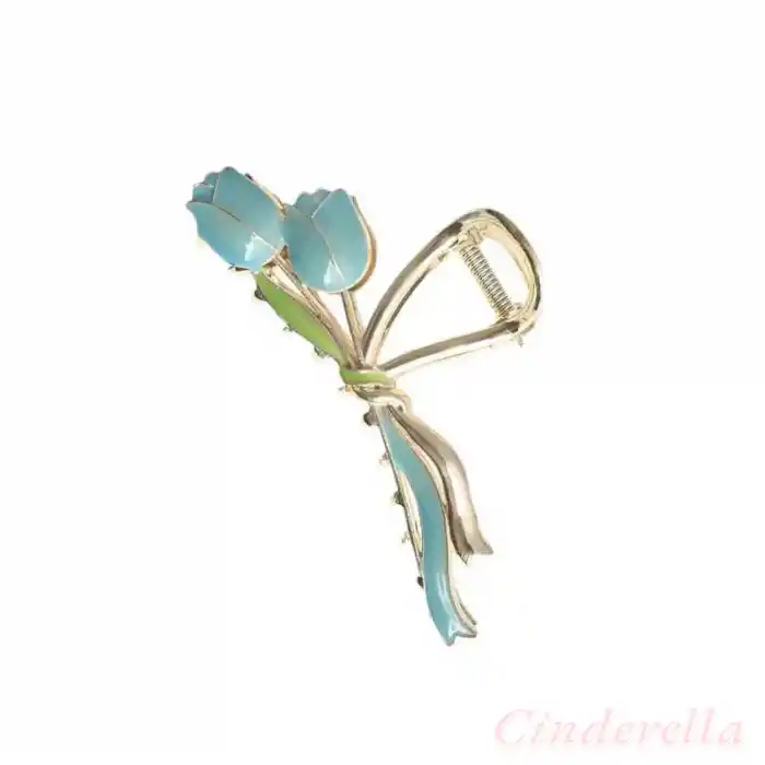 Zarif Şık Mavi Lale Çiçekli Model Kadın Metal Mandal Toka 11cm Gold - Mandallı Saç Topuz Tokası