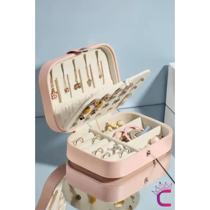 Zarif Takı Mücevher Saklama Kutusu 16x12cm Deri Pembe - Bölmeli Küpe Yüzük Kolye Kutusu Organizer