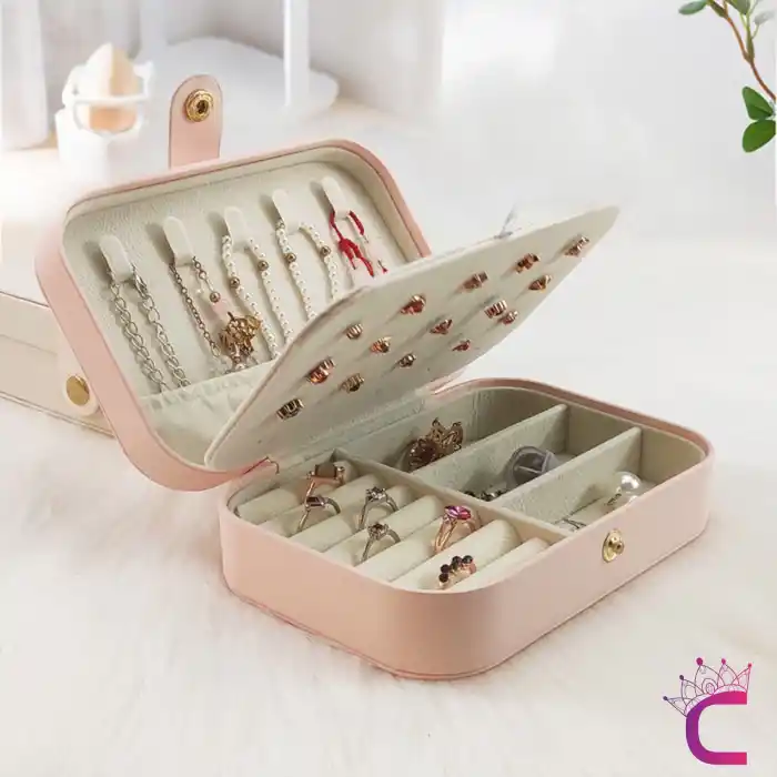 Zarif Takı Mücevher Saklama Kutusu 16x12cm Deri Pembe - Bölmeli Küpe Yüzük Kolye Kutusu Organizer