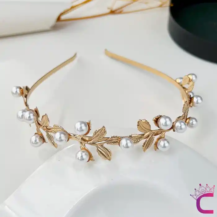 Zarif Yaprak İnci Detaylı Helen Gelin Tacı Saç Bandı Gold - Düğün Nişan Nikah Söz Saç Aksesuarı