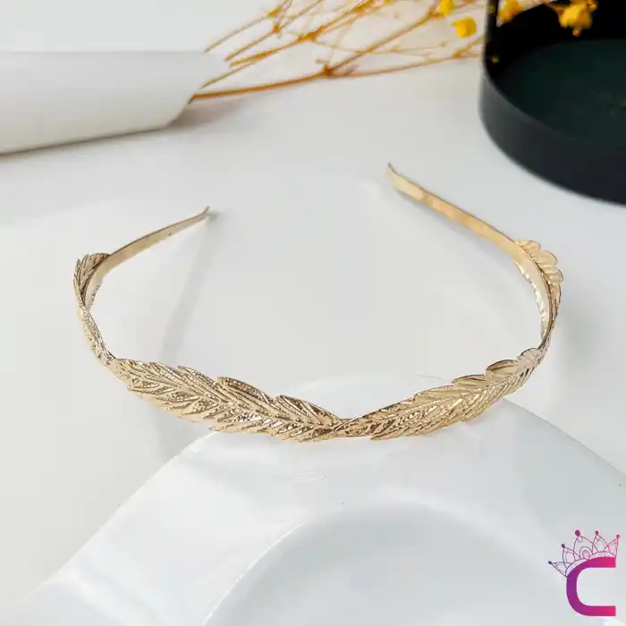 Zarif Yaprak Tasarım Gelin Tacı Gold Renk - Düğün Nişan Nikah Söz Doğum Günü Kadın Taç Saç Bandı