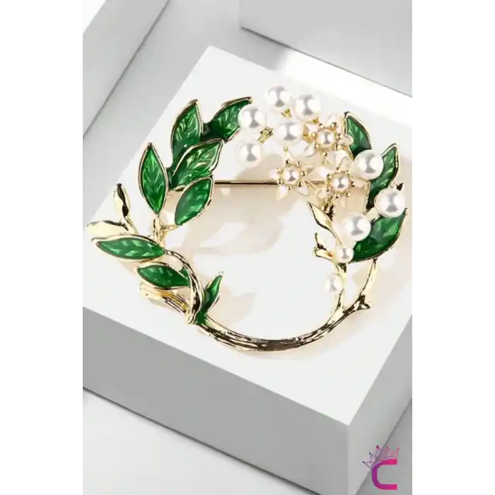 Zarif Yeşil Yapraklı İncili Çiçekli Kadın Çelenk Broş - Hediyelik Elbise Ceket Yaka İğnesi Rozeti