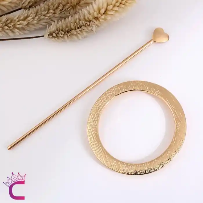 Zarif Yuvarlak Kalpli Çubuk Tasarım Kadın Gold Metal Topuz Tokası - Topuz Toka Çubuk Toka Saç Çubuğu