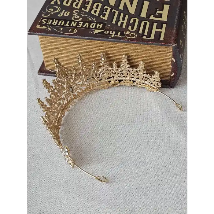 Zirkon Taş İşlemeli Kraliçe Prenses Gelin Tacı Gold - Kristal Taşlı Düğün Nişan Nikah Söz Aksesuar