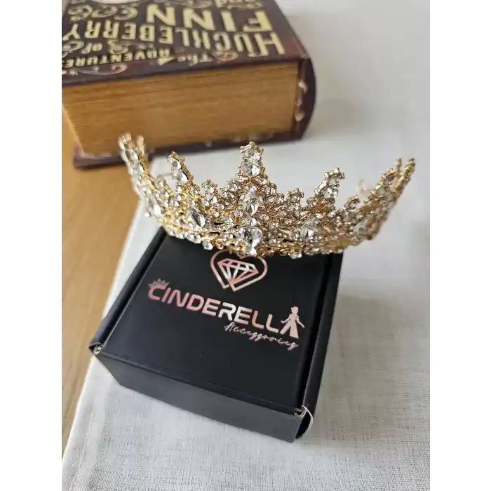 Zirkon Taş İşlemeli Kraliçe Prenses Gelin Tacı Gold - Kristal Taşlı Düğün Nişan Nikah Söz Aksesuar