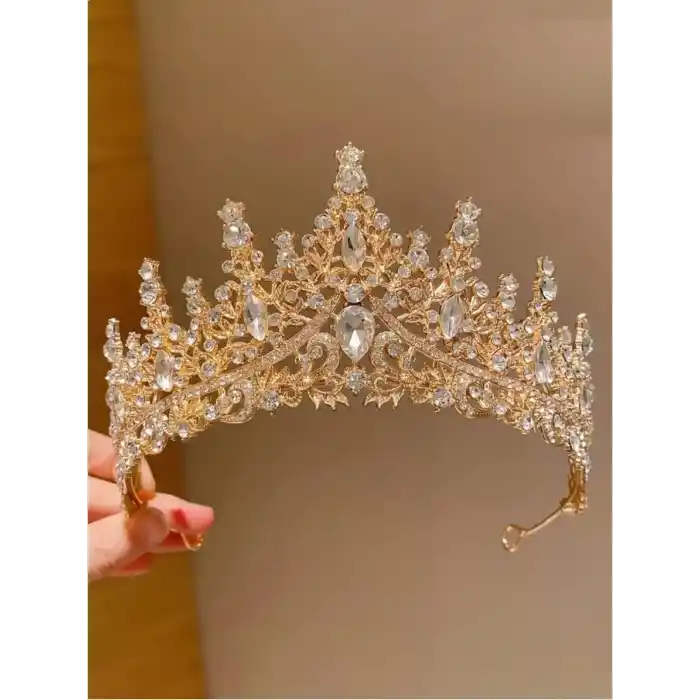 Zirkon Taş İşlemeli Kraliçe Prenses Gelin Tacı Gold - Kristal Taşlı Düğün Nişan Nikah Söz Aksesuar