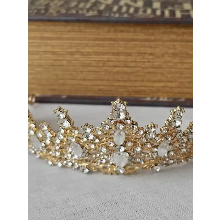 Zirkon Taş İşlemeli Kraliçe Prenses Gelin Tacı Gold - Kristal Taşlı Düğün Nişan Nikah Söz Aksesuar