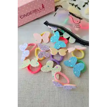 10lu Çantalı Yumuşak Acıtmaz Havlu Lastikli Simli Kelebekli Kız Çocuk Bebek Lastik Saç Toka Seti