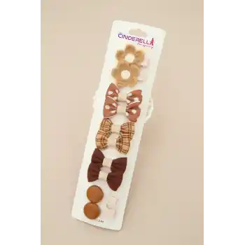 10lu Kahve Bej Tonlu Fiyonk Kurdele Kız Bebek Astarlı Pens Toka Seti - Çocuk Klipsli Saç Tokası