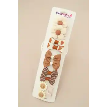 10lu Kahve Krem Tonlu Çiçekli Fiyonk Kız Çocuk Yumuşak Pens Klips Toka Seti - Bebek Saç Tokaları