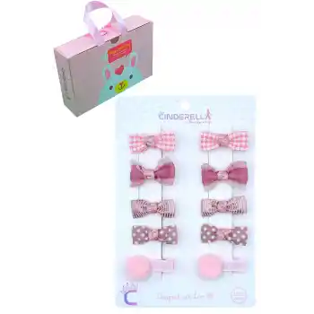 10lu Çanta Kutulu Hediyelik Kız Bebek Kurdele Fiyonk Toka Seti Pembe - Çocuk Astarlı Pens Saç Tokası