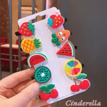 10lu Meyve Figürlü Çilek Kiraz Ananas Havuç Limon Pens Toka Seti - Kız Çocuk Klips Saç Tokası