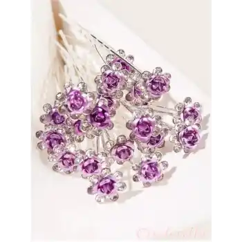 10lu Mini Kristal Taşlı Çiçek Tasarım Firkete Toka Açık Mor - Düğün Kına Saç Aksesuarı Topuz Tokası