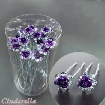 10lu Mini Kristal Taşlı Çiçek Tasarım Firkete Toka Mor - Düğün Nikah Söz Saç Aksesuarı Topuz Tokası