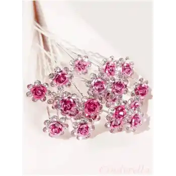 10lu Mini Kristal Taşlı Çiçek Tasarım Firkete Toka Pembe - Gelin Tacı Süsleme Topuz Saç Aksesuarı