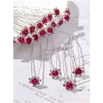 10lu Mini Kristal Taşlı Çiçek Tasarım Firkete Toka Sıcak Pembe - Nikah Kına Söz Topuz Saç Tokası