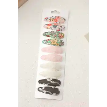 10lu Özel Seri Nakışlı Çiçekli Model Çocuk Çıt Çıt Toka Seti - Kız Bebek Çıtçıt Saç Toka Model-3