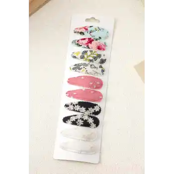 10lu Özel Seri Nakışlı Çiçekli Model Çocuk Çıt Çıt Toka Seti - Kız Bebek Çıtçıt Saç Toka Model-5