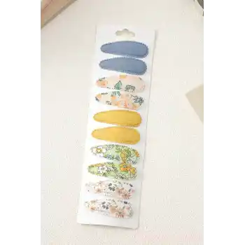 10lu Özel Seri Nakışlı Çiçekli Model Çocuk Çıt Çıt Toka Seti - Kız Bebek Çıtçıt Saç Toka Model-8