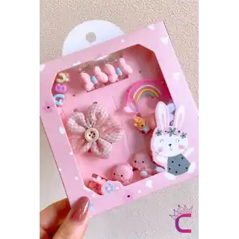 10lu Özel Tasarım Hediyelik Kutulu Bebek Toka Seti Pembe - Kız Çocuk Lastik Çıtçıt Pens Saç Tokası