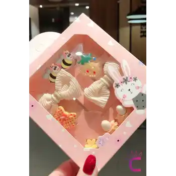 10lu Özel Tasarım Hediyelik Kutulu Bebek Toka Seti - Kız Çocuk Lastikli Çıtçıt Pens Saç Tokası