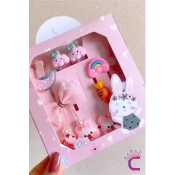 10lu Özel Tasarım Hediyelik Kutulu Kız Bebek Toka Seti - Gökkuşağı Tavşan Kurdele Fiyonk Saç Tokası