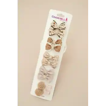 10lu Şık Bej Tonlu Fiyonklu Kurdeleli Kız Bebek Yumuşak Pens Toka Seti - Çocuk Klipsli Saç Tokası