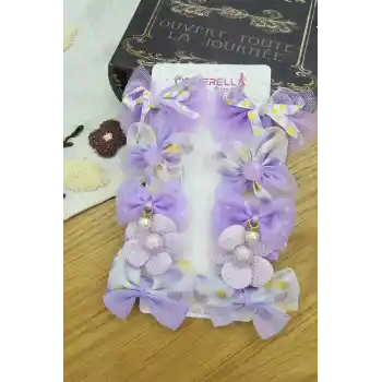 10lu Yumuşak Astarlı Kız Bebek Toka Seti Lila - İnci Taşlı Kelebekli Tül Fiyonk Pens Saç Tokası