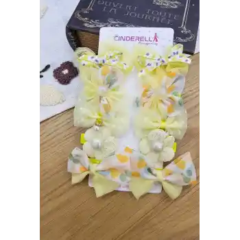 10lu Yumuşak Astarlı Kız Bebek Toka Seti Sarı - Çocuk İncili Taşlı Kelebek Fiyonklu Pens Saç Tokası