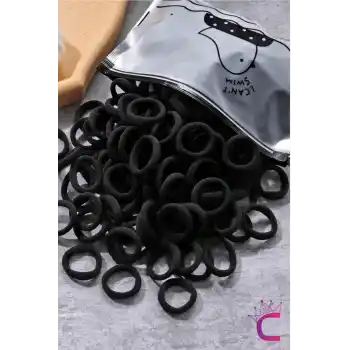 100lü Günlük Çantalı Küçük Siyah Lastik Toka Seti - Kız Çocuk Yumuşak Lastikli Havlu Saç Tokası