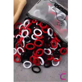 100lü Renkli Çantalı Minik Havlu Lastik Toka Seti - Günlük Kadın Çocuk Yumuşak Lastikli Saç Tokası