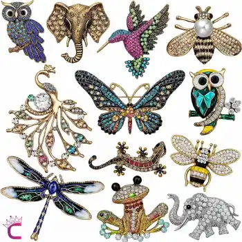 12li Zirkon Taşlı Tasarım Broş Seti - Arı Baykuş Tavus Kuşu Kurbağa Kelebek Fil Yusufçuk Kertenkele