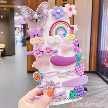 14lü Lila Tonlu Çocuk Pens Klipsli Çıtçıt Toka Seti - Kız Çocuk Saç Tokası Model-1