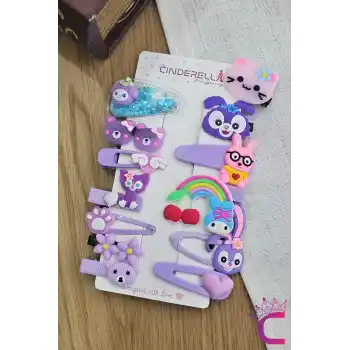 14lü Pembe & Lila Tonlu Kız Çocuk Toka Seti - Renkli Karışık Figür Pens Klipsli Çıtçıtlı Saç Tokası