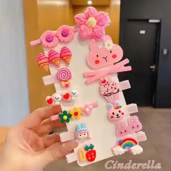 14lü Pembe Tonlu Çocuk Pens Klipsli Çıtçıt Toka Seti Model-9 - Gökkuşağı Çiçek Dondurma Figürlü