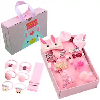 18li Hediyelik Çanta Kutulu Bebek Toka Seti Pembe - Kız Çocuk Taç Fiyonk Çıtçıt Lastik Saç Tokası