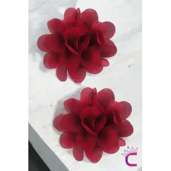 2li Chiffon Flower Kız Çocuk Toka Seti Bordo - Çiçekli Bebek Çocuk Saç Tokası Çıtçıt Pens Toka