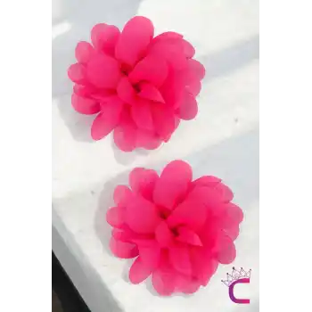 2li Chiffon Flower Kız Çocuk Toka Seti Fuşya Renkli - Çiçekli Bebek Çocu Çıt Çıt Pens Saç Tokası
