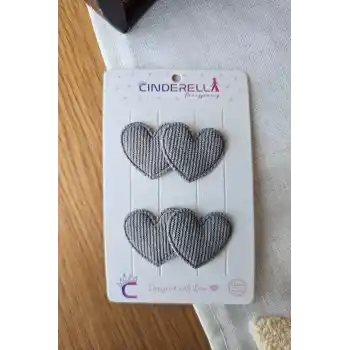 2li Çift Kalpli Gri Renkli Saçsız Bebek Tokası - Hediyelik Az Saçlı Kız Bebek Toka Seti Hediyesi