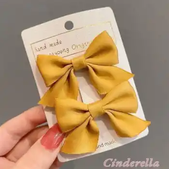 2li Çocuk Saten Fiyonk Toka Seti Sarı - Kurdele Fiyonklu Klips Pens Saç Tokası