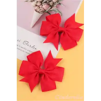 2li Çocuk Saten Fiyonk Toka Seti Kırmızı - 23 Nisan Kurdele Fiyonklu Klips Pens Saç Tokası