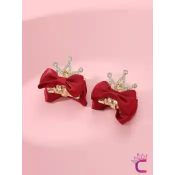 2li Fiyonk Kurdele Kraliçe Taçlı Kristal Taşlı Saç Tokası Kırmızı - Çocuk Doğum Günü Prenses Tacı