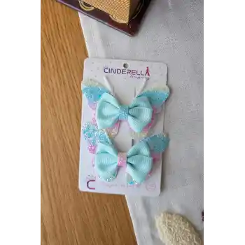 2li Gökkuşağı Renkli Simli İncili Kız Çocuk Fiyonklu Kurdeleli Mavi Kelebekli Pens Toka Seti 8cm