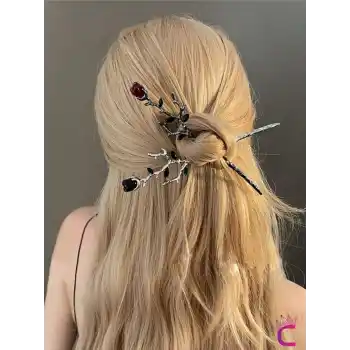 2li Gothic Siyah Kırmızı Gül Metal Topuz Saç Tokası 17cm - Hediyelik Çin Japon Tarz Çubuk Toka